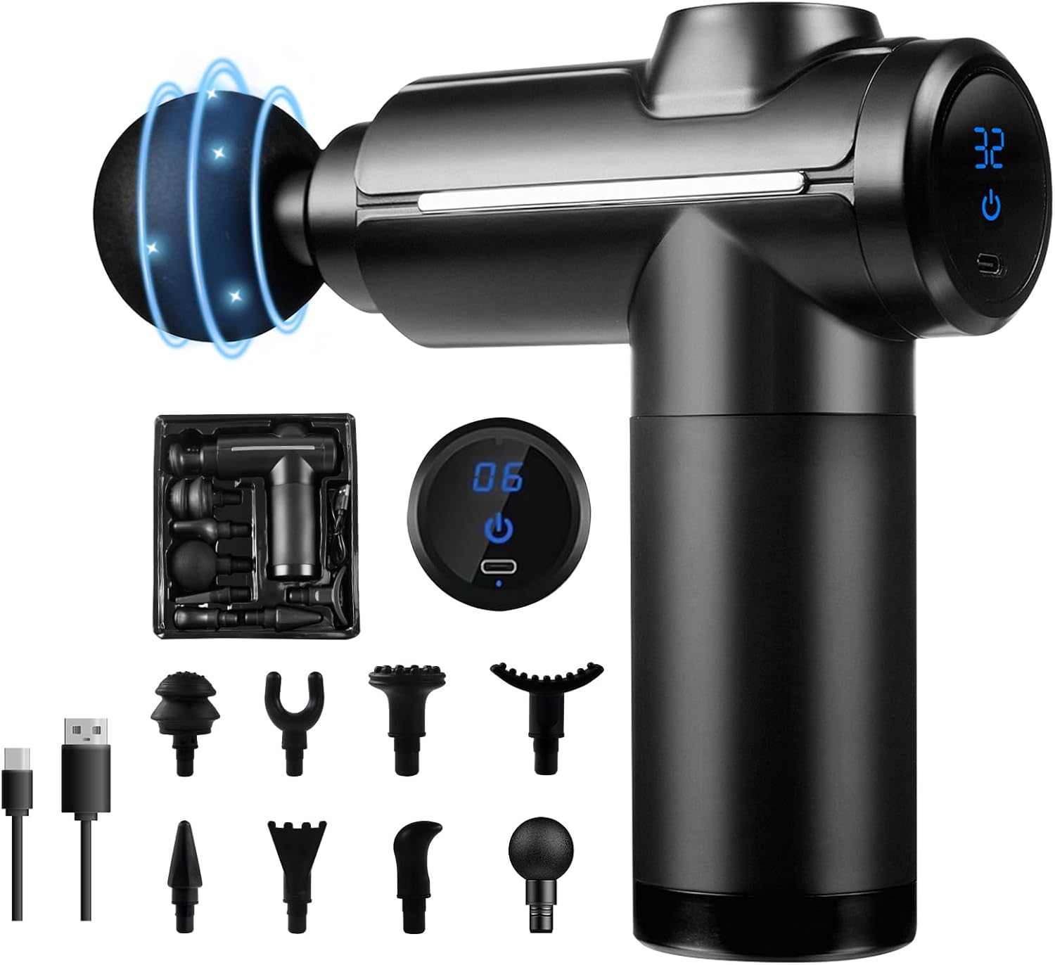 Massagepistole für Tiefengewebe, USB-C, mit 8 Aufsätzen, Schwarz